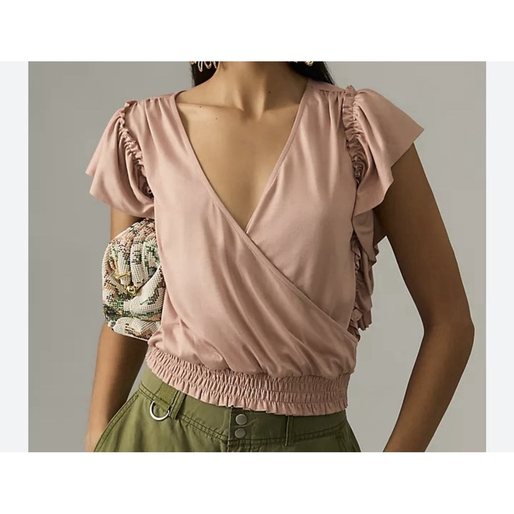 ANTHROPOLOGIE Top Women's Small Neutral Pink Ruffle Elastic Waist Stretch Formal